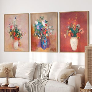 Set of 3 Flower Paintings, Odilon Redon, Vintage life still, Above Sofa, Antique gallery wall, Daughter room decor, Red tones warm colors