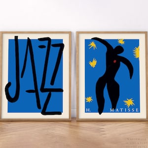 Conjunto de 2 litografías en color de Matisse azul, póster de jazz, impresión musical, arte moderno, minimalista abstracto, dos piezas en azul y negro.