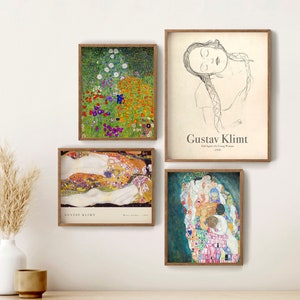 Gustav Klimt, Gallery Wall, Set of 4 Prints, Klimt Woman Line, Klimt Garden, Water Snakes, Death and Life, Anniversary Gift, Room Wall Decor