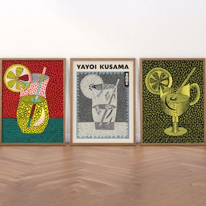 Yayoi Kusama Art Prints, Colorful Dots and Nets, Martini Cocktail Wall Art, Modern Bar Cart Decor 3 Piece Gallery Wall for Kitchen or Dining