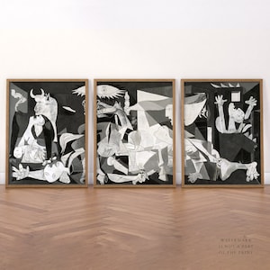 Picasso Guernica, Set of 3 Art Decor, Split Artwork, Famous Artist, Guernica 3 Piece, Modern Living, Above Sofa and Bed, Black White Decor