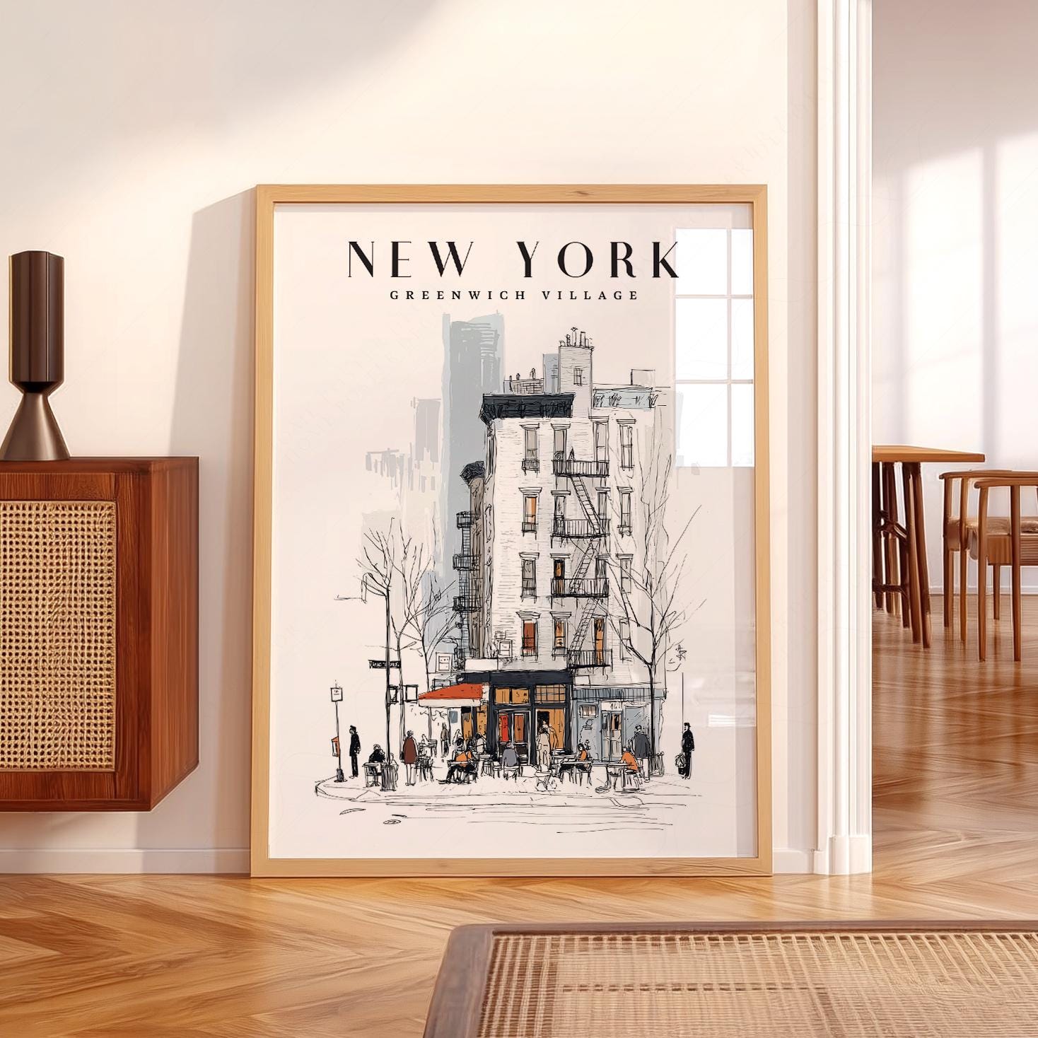 「GREENWICH VILLAGE」スティーブマックギー ３Dアート サイン有 Greenwich Village Print: NYC Sketch Art, Coffee Shop Illustration