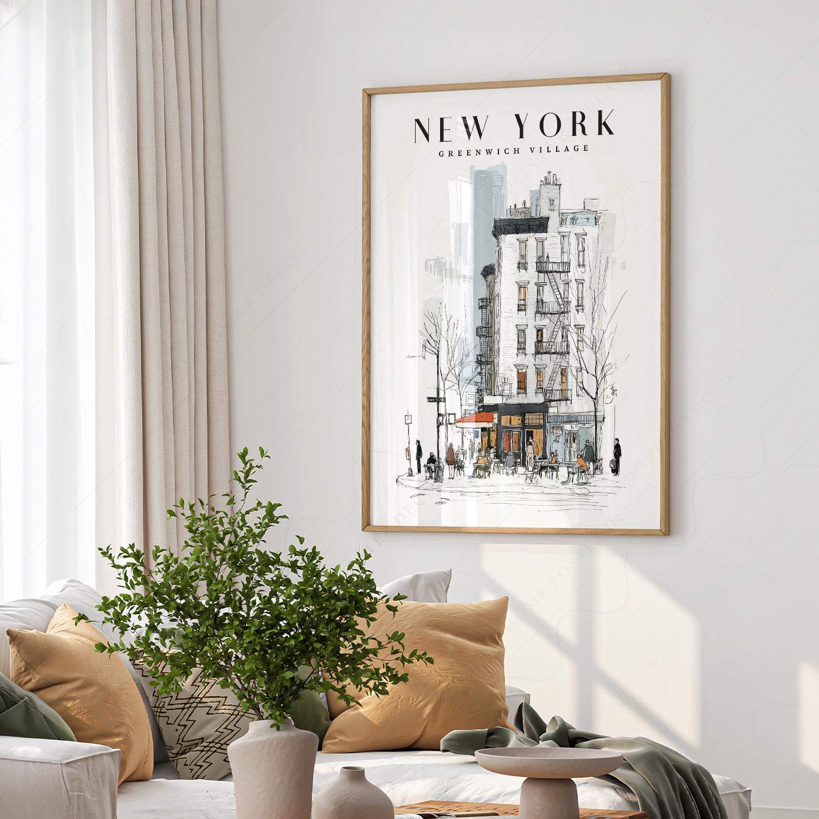 Greenwich Village Print: NYC Sketch Art, Coffee Shop Illustration