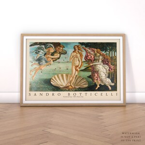 May include: A framed print of Sandro Botticelli's The Birth of Venus, a famous Renaissance painting depicting the goddess Venus emerging from a giant scallop shell. The painting is set against a backdrop of a blue sky and a calm sea, with the figure of Venus standing on the shell and being greeted by the goddess Flora.