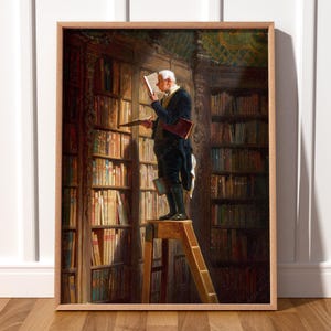 May include: A painting of a man in a dark suit and white shirt standing on a ladder in a library. He is reaching for a book on a high shelf. The library is filled with bookshelves and books.
