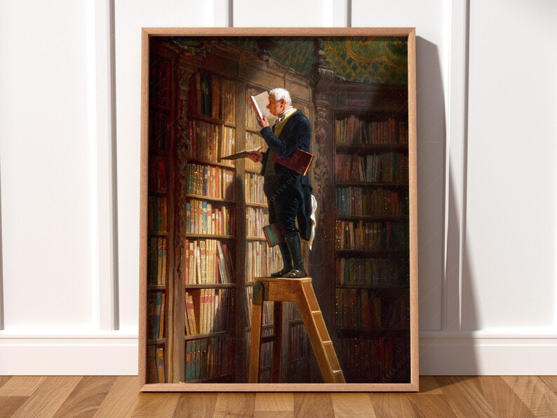 May include: A painting of a man in a dark suit and white shirt standing on a ladder in a library. He is reaching for a book on a high shelf. The library is filled with bookshelves and books.