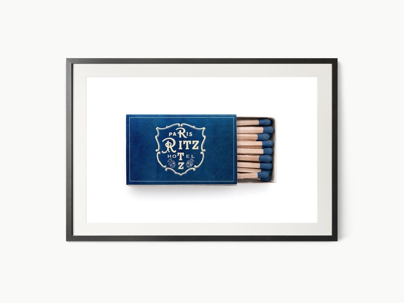 Paris Ritz hotel Chic home decor Vintage matchbox photography Modern farmhouse Navy blue Elegant wall art Gift for him Travel poster. Hang it in your living room, bedroom, or office, high-quality archival paper
