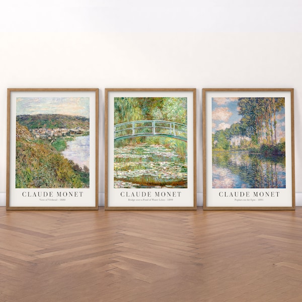 Monet Set of 3 Prints, Claude Monet, Bridge Over a Pond, Water Lilies, View of Vetheuil, Poplars on the Epte, Vintage French, Floral Prints