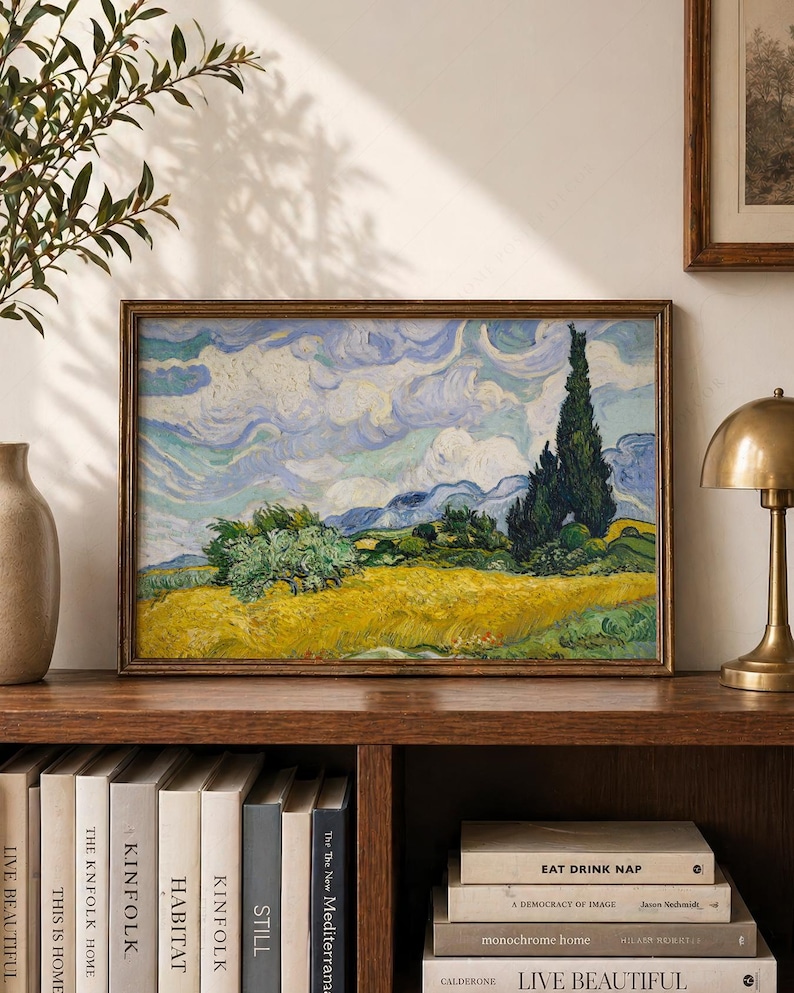 Vincent Van Gogh, Wheat Fields with Cypresses, Nature Landscape, Blue Cloud Art, Oil Country Painting 34 immagine 11