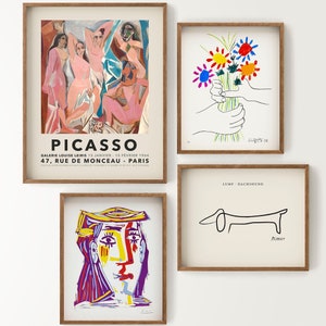 Pablo Picasso Gallery, Set of 4 Prints, Picasso Drawing, Picasso Dog, Picasso Face, Flower Vase, Femme Picasso, Wedding Gift, Modern Decor