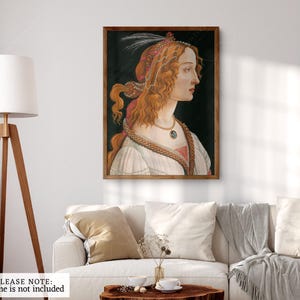 May include: A painting of a woman with long, flowing red hair. She is wearing a white dress with a gold rope necklace and a red and gold headpiece. The background is dark.