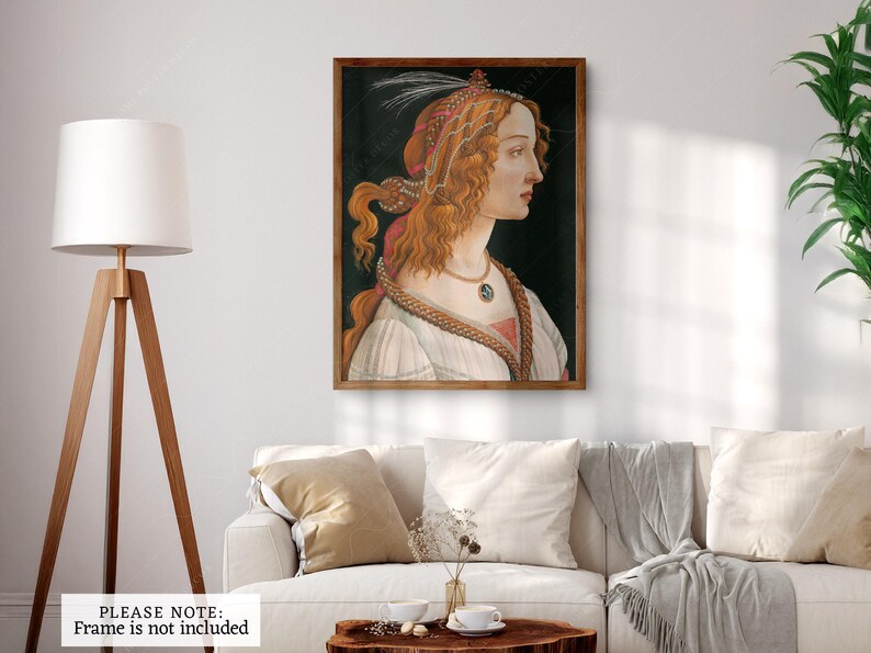 May include: A painting of a woman with long, flowing red hair. She is wearing a white dress with a gold rope necklace and a red and gold headpiece. The background is dark.