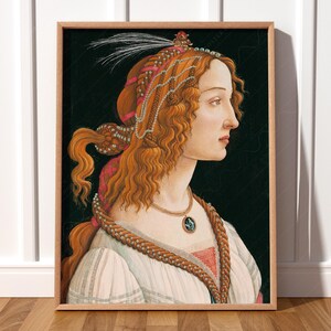 May include: A portrait painting of a woman with long, flowing red hair. She is wearing a white dress with a gold and brown braided necklace and a pink and gold headpiece with a white feather. The background is a dark green.