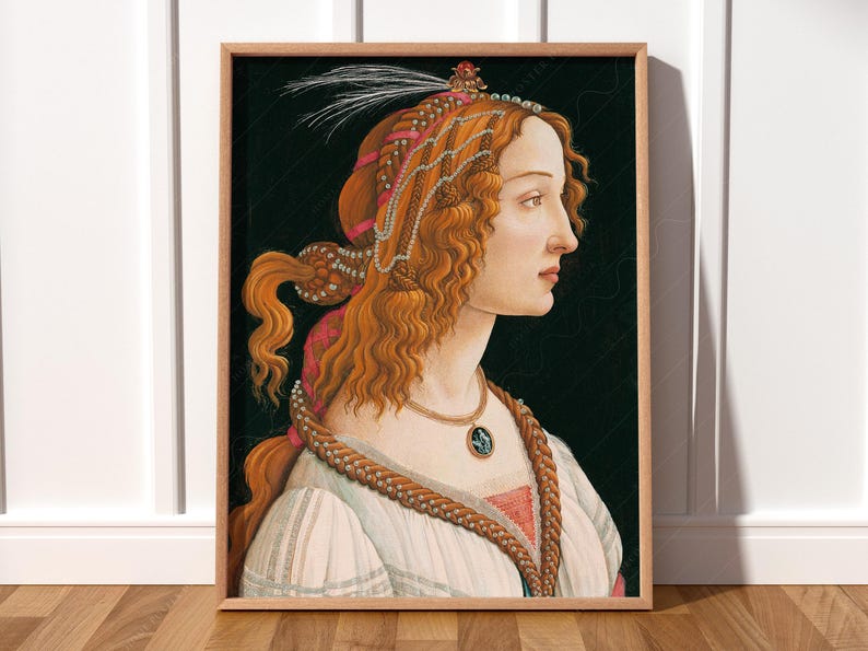 May include: A portrait painting of a woman with long, flowing red hair. She is wearing a white dress with a gold and brown braided necklace and a pink and gold headpiece with a white feather. The background is a dark green.