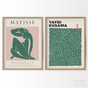 Green blush Pink Set, Matisse Print, Yayoi Kusama, Modern Gallery Wall, Women Body Line, Kusama Net Dots, Boho Wall Art, Minimalist Decor
