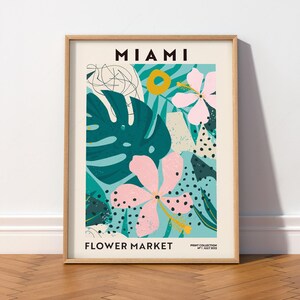 Poster zum Miami Flower Market, Wandbild mit tropischem Hibiskus, botanischer Druck in Türkis-Rosa, modernes abstraktes Blumendekor, physischer Posterdruck