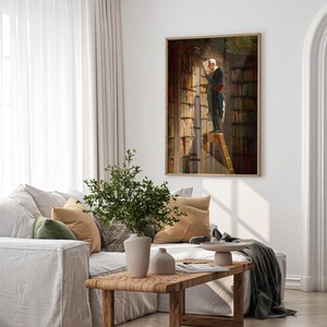 May include: A painting of a man standing on a ladder in a library, reaching for a book on a high shelf. The library is filled with bookshelves and the man is wearing a dark suit and a white shirt.