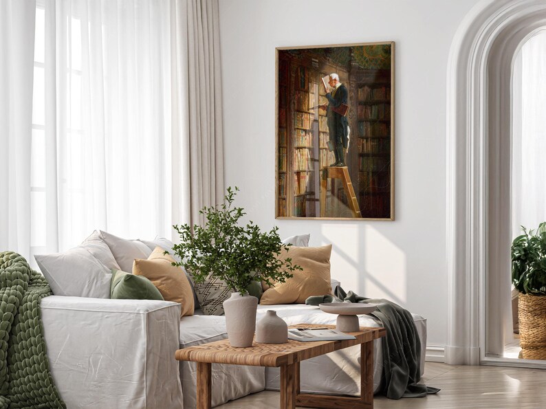 May include: A painting of a man standing on a ladder in a library, reaching for a book on a high shelf. The library is filled with bookshelves and the man is wearing a dark suit and a white shirt.