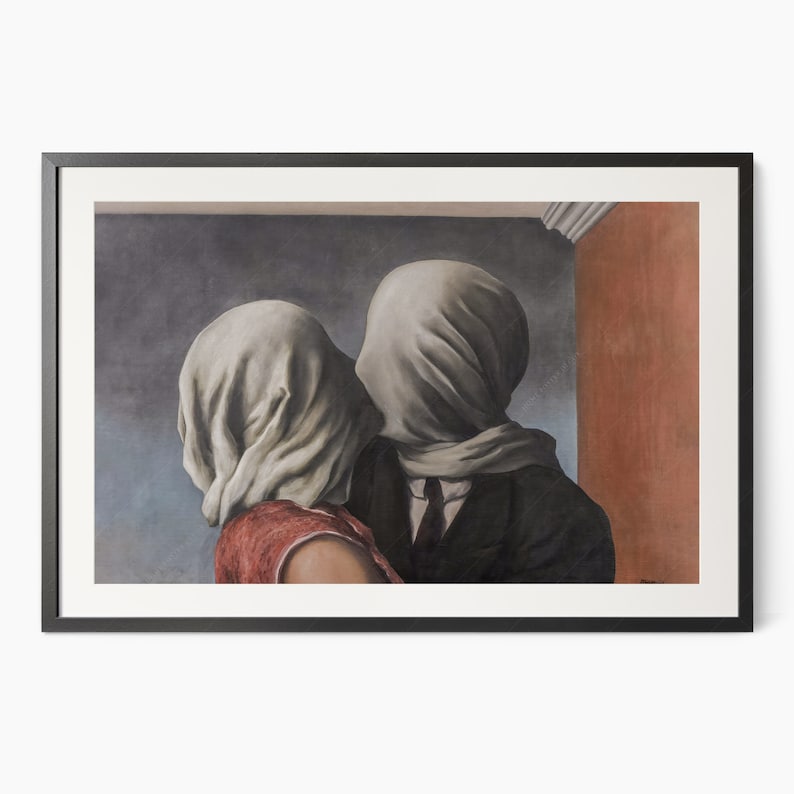 May include: A framed art print depicting two figures with their heads and faces completely covered by white fabric. One figure wears a dark suit with a tie, while the other wears a red garment. The background features a grey wall and a red pillar.
