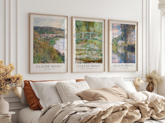 Claude Monet Wall Art Set of 3 Landscape Prints: Water Lily Bridge, Poplars and Vetheuil