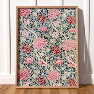 Lámina floral de William Morris, flores rosas y rojas, decoración de habitación de niña, guardería vintage, regalo para ella, decoración rústica, diseño único.
