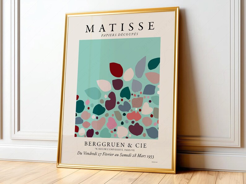 Henri Matisse Modern abstract art featuring a vibrant composition of soft, rounded shapes in shades of teal, coral, and deep burgundy, interspersed with muted pastels. The artwork exudes a playful yet sophisticated mood, with organic forms creating a sense of movement and flow across the canvas. Subtle textures and layered colors enhance the depth, inviting viewers to explore the interplay of light and shadow. Elegantly displayed on a living room wall, this printed poster wall art beautifully