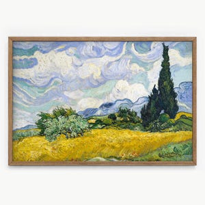 Vincent Van Gogh, Wheat Fields with Cypresses, Nature Landscape, Blue Cloud Art, Oil Country Painting, Gift for him, Mountain painting