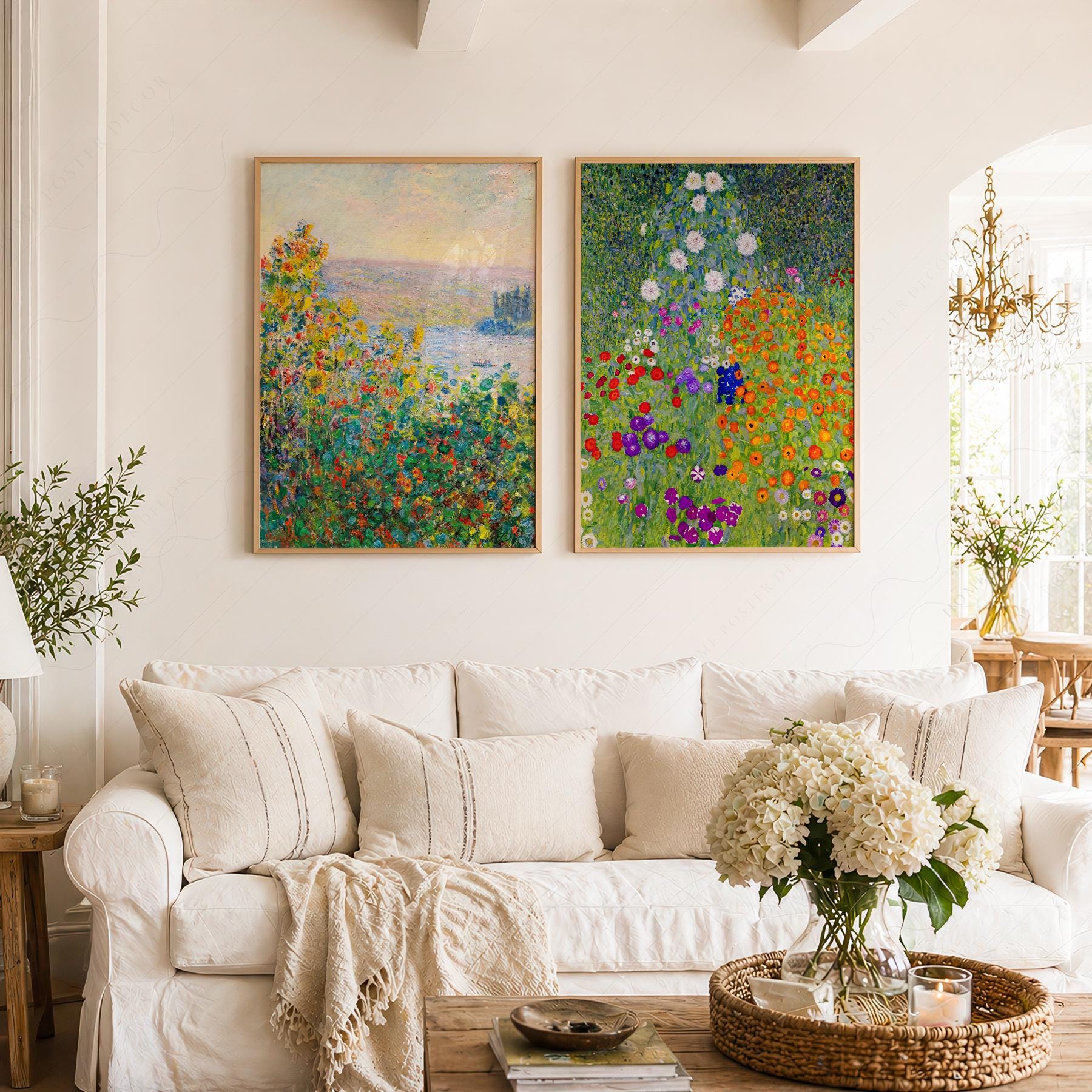 Monet and Gustav Klimt Wall Art Set of 2, Floral Prints, Colorful