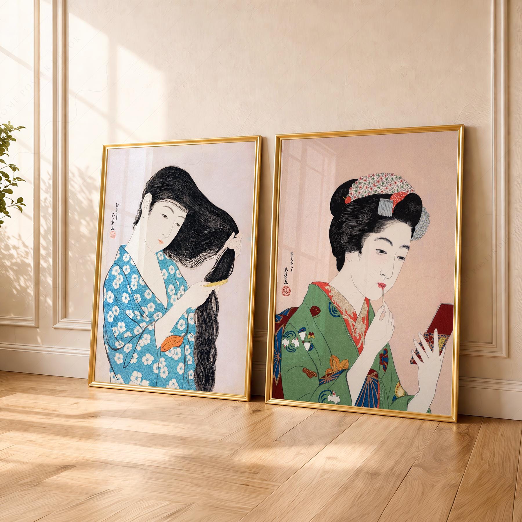 アート・デザイン・音楽 KIMURA EDITIONS NICHIDO Japanese Woodblock Art Print Set of 2, Hashiguchi Goyo Geisha