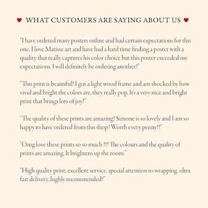 May include: A customer review graphic featuring the text: WHAT CUSTOMERS ARE SAYING ABOUT US, followed by five testimonials praising the quality, color vibrancy, and service of the art prints, with two red heart icons flanking the title text.
