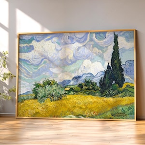 Vincent Van Gogh, Wheat Fields with Cypresses, Nature Landscape, Blue Cloud Art, Oil Country Painting 34 immagine 1