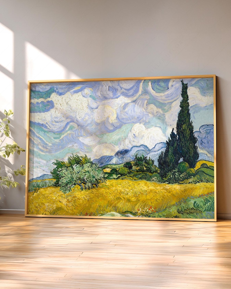 Vincent Van Gogh, Wheat Fields with Cypresses, Nature Landscape, Blue Cloud Art, Oil Country Painting 34 immagine 1
