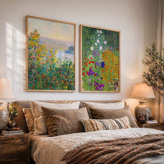 Monet and Gustav Klimt Wall Art Set of 2, Floral Prints, Colorful