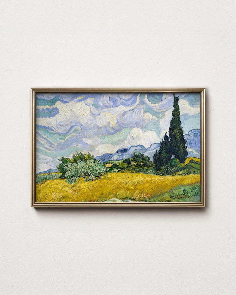 Vincent Van Gogh, Wheat Fields with Cypresses, Nature Landscape, Blue Cloud Art, Oil Country Painting 34 immagine 6