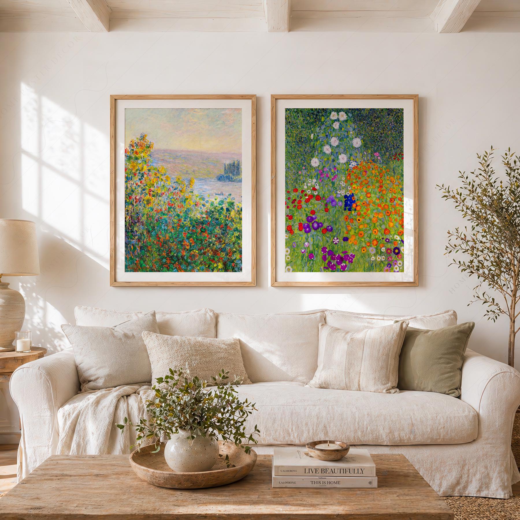 Monet and Gustav Klimt Wall Art Set of 2, Floral Prints, Colorful