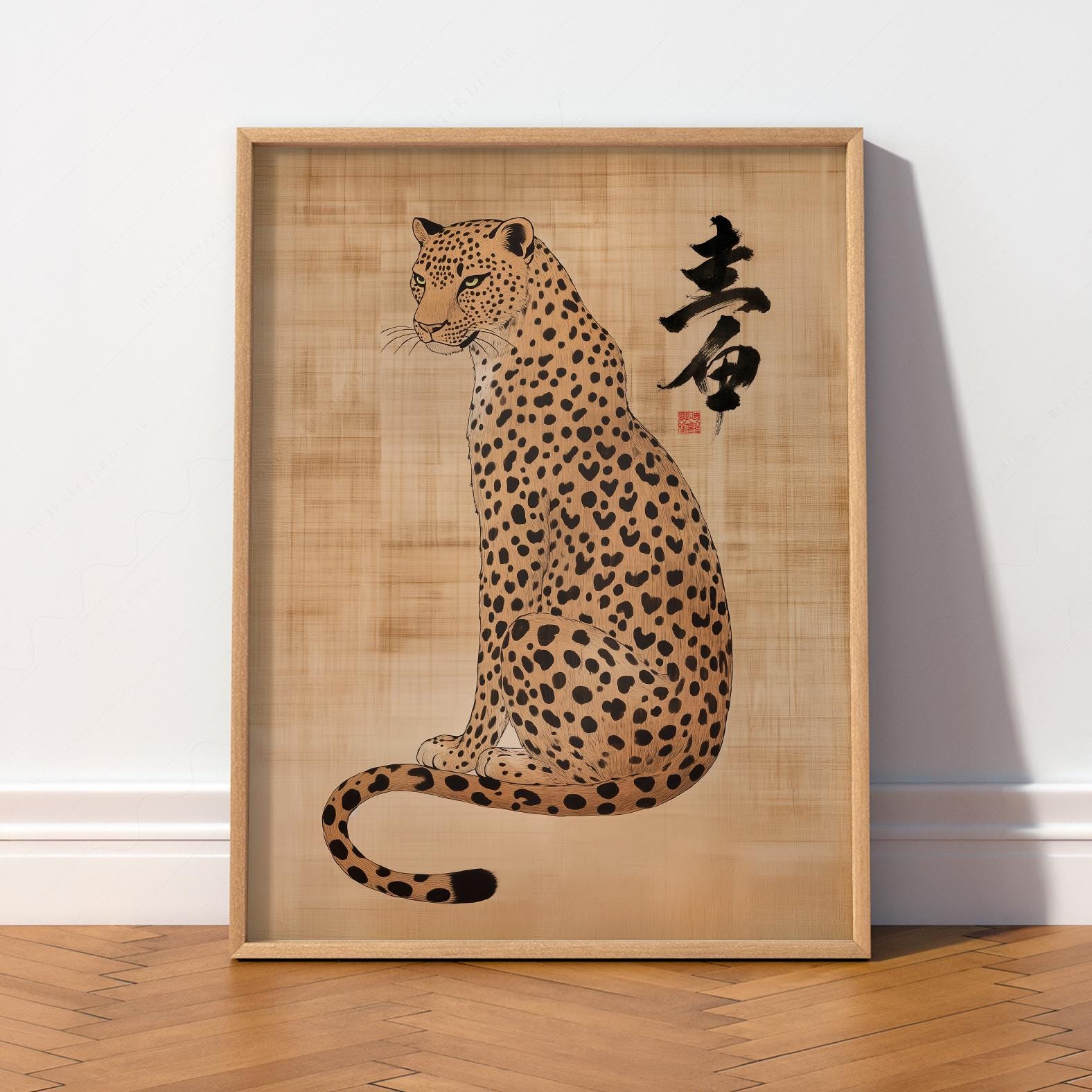 絵画 K-TAKAMATSU LEOPARD E D ORIGINAL / 000 Japanese Leopard Wildlife Art Print, Vintage Asian Animal Decor
