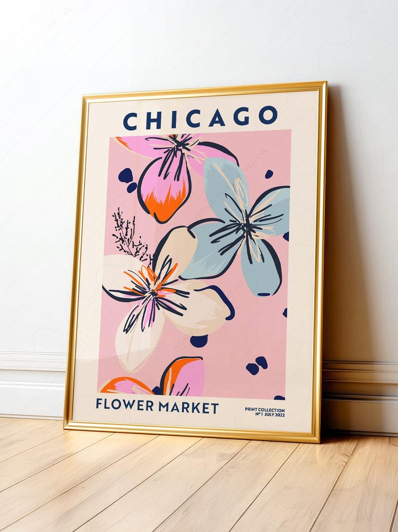 Chicago Flower Market Poster Pink Floral Wall Art Modern Botanical Print City Travel Decor Bedroom Aesthetic Wall Art image 3