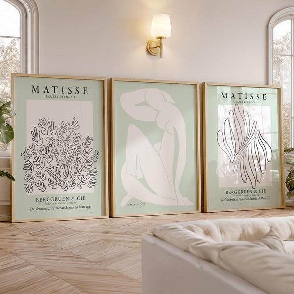 Matisse Green Wall Art Set of 3, Abstract Minimalist Prints 5