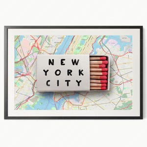 New York City Map print Matchbox-poster Coole muurkunst Central Park, Manhattan, Queens Brooklyn Bridge, SoHo, Times Square, Vrijheidsbeeld