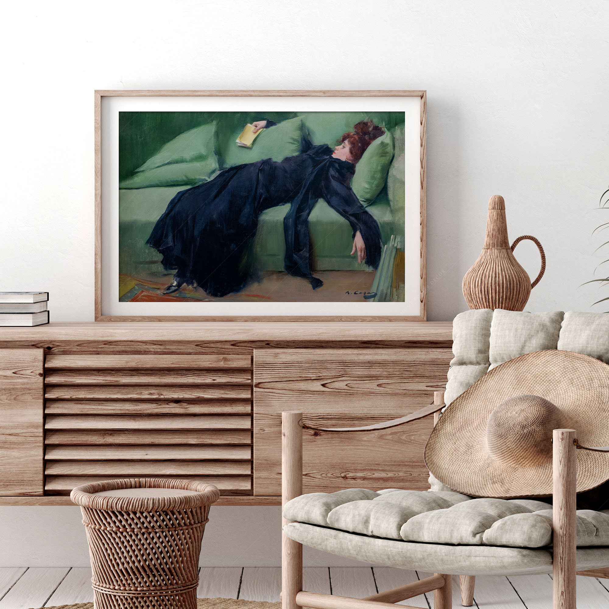 Decadent young woman after the dance Gift for friend Emerald green art Moody vintage portrait Ramon Casas Above sofa art High Quality print