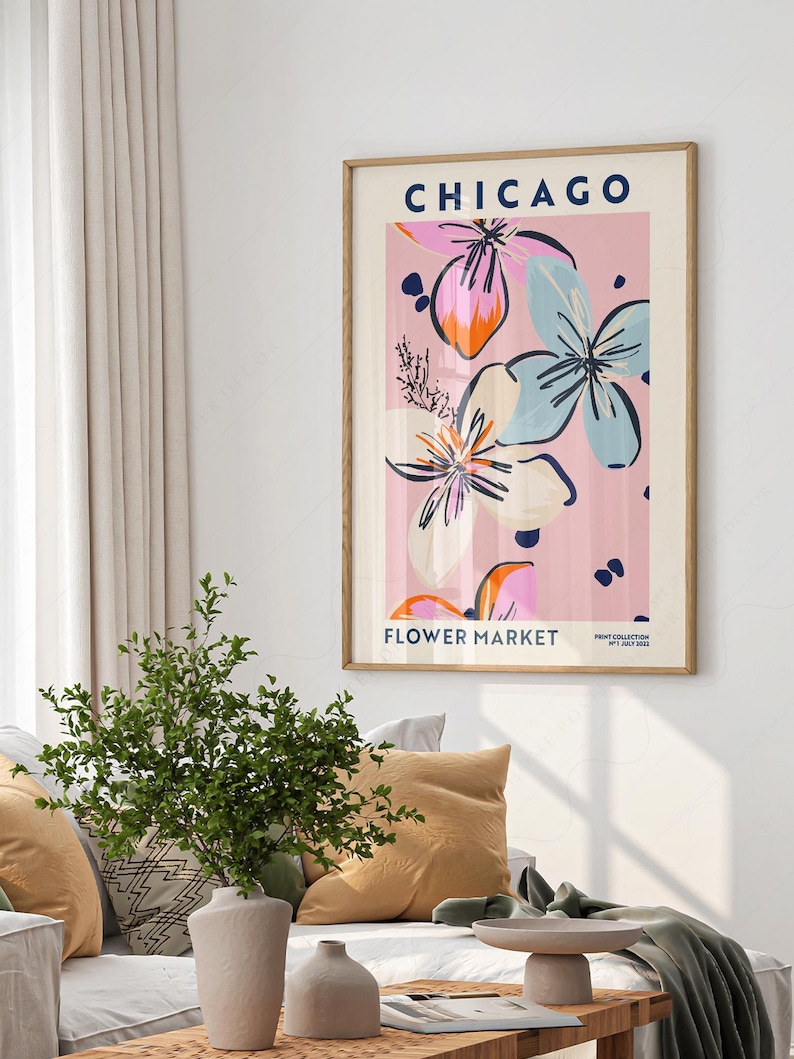 Chicago Flower Market Poster Pink Floral Wall Art Modern Botanical Print City Travel Decor Bedroom Aesthetic Wall Art image 5