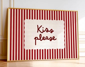 Kiss Please Print, Romantic Bedroom Wall Art, Red Striped Poster, Minimalist Love Quote Decor, Valentine Gift for Couples 12