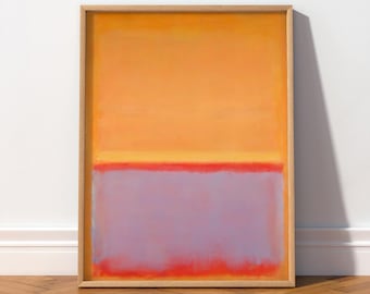 Puede incluir: Una pieza de arte mural enmarcada de forma rectangular que presenta una composición abstracta con un gran bloque horizontal de color naranja vibrante en la parte superior, una banda amarilla fina en el centro y una sección violeta lavanda suave en la parte inferior con bordes rojos.