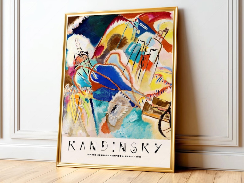 Modern abstract art featuring a dynamic composition of swirling shapes and vibrant colors, including deep blues, fiery reds, and sunny yellows, creating a sense of movement and energy. The textured brushstrokes and layered forms evoke an emotional response, while the bold outlines add structure to the fluidity of the piece. This captivating artwork by Kandinsky, is framed and displayed on a living room wall, enhancing the space with its striking visual narrative. Printed poster wall art.