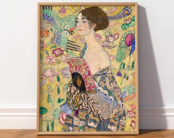 Gustav Klimt-dame met waaierprint, elegante vrouwelijke portretmuurkunst 20