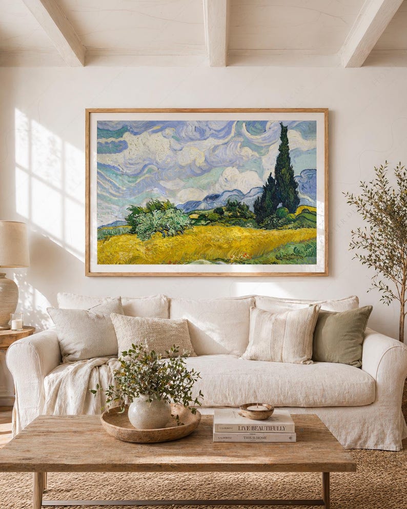 Vincent Van Gogh, Wheat Fields with Cypresses, Nature Landscape, Blue Cloud Art, Oil Country Painting 34 immagine 14