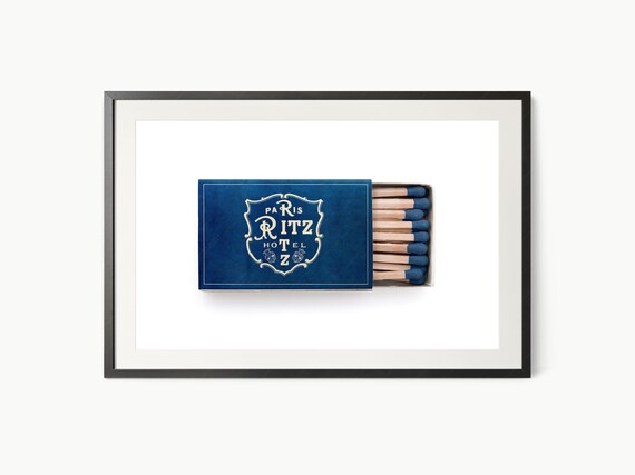 Paris Ritz hotel Chic home decor Vintage matchbox photography Modern farmhouse Navy blue Elegant wall art Gift for him Travel poster 86