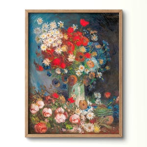 Vincent Van Gogh Meadow flowers still life Roses red poppies and daises Muted painting Antique floral oil painting Wedding gift Bedroom art