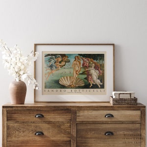 May include: A framed print of Sandro Botticelli's The Birth of Venus, a famous Renaissance painting depicting the goddess Venus emerging from a giant scallop shell. The painting is set against a backdrop of a blue sky and a green landscape.