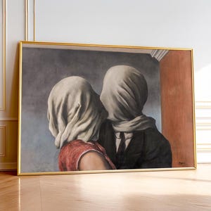 May include: A framed rectangular painting depicting two figures with their heads and faces completely covered by white fabric. One figure wears a dark suit and tie, while the other wears a red garment. The background features a grey wall and a red pillar.